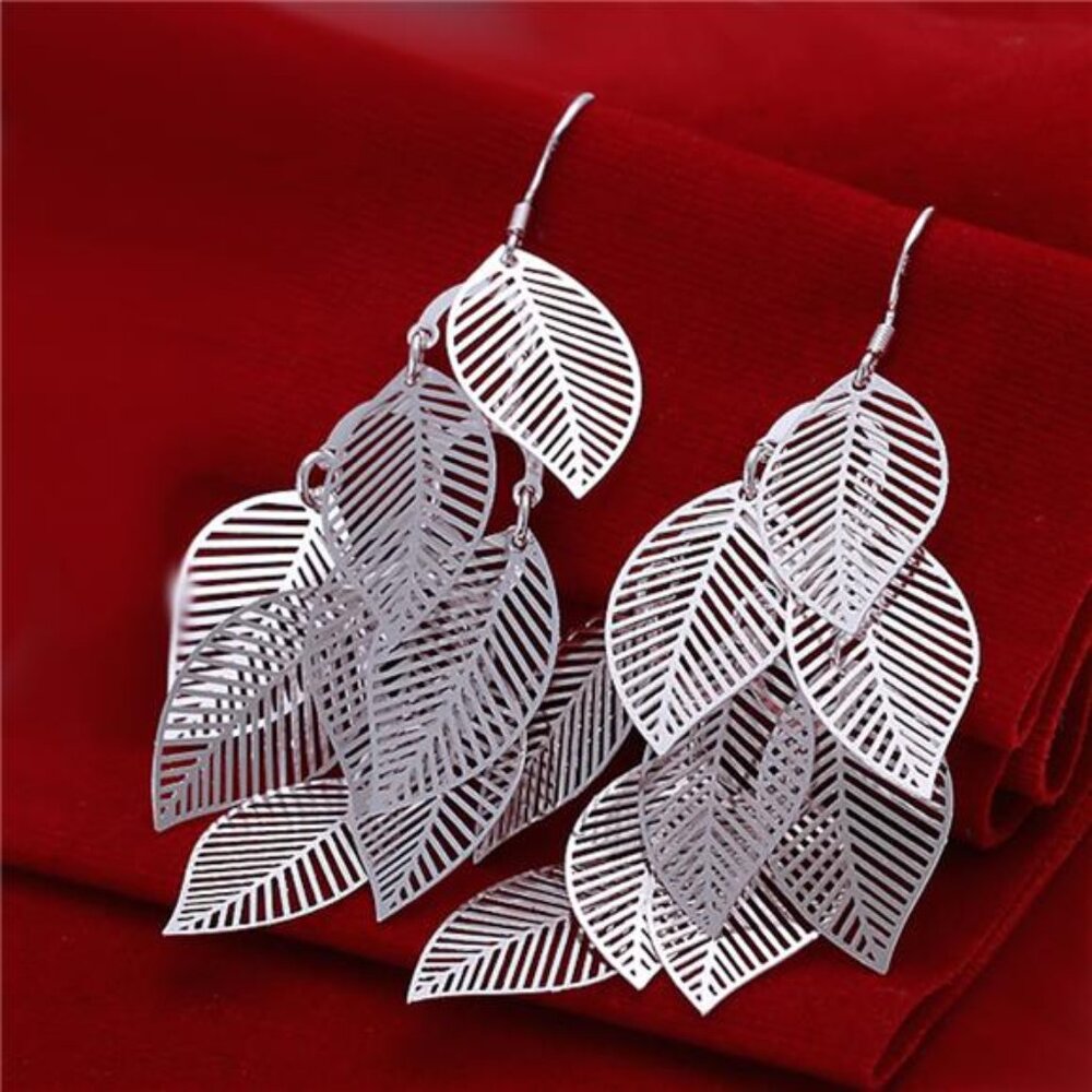 925 Sterling Silver Chandelier Earrings Bali Hoop Drop Leaves Dangle